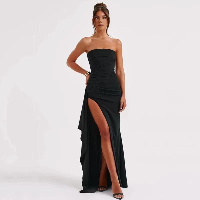 Schwarzes schulterfreies, trägerloses, rückenfreies Maxikleid mit hohem Schlitz für Frauen, ärmellos, figurbetont, Clubparty, Abendkleid, langes Kleid