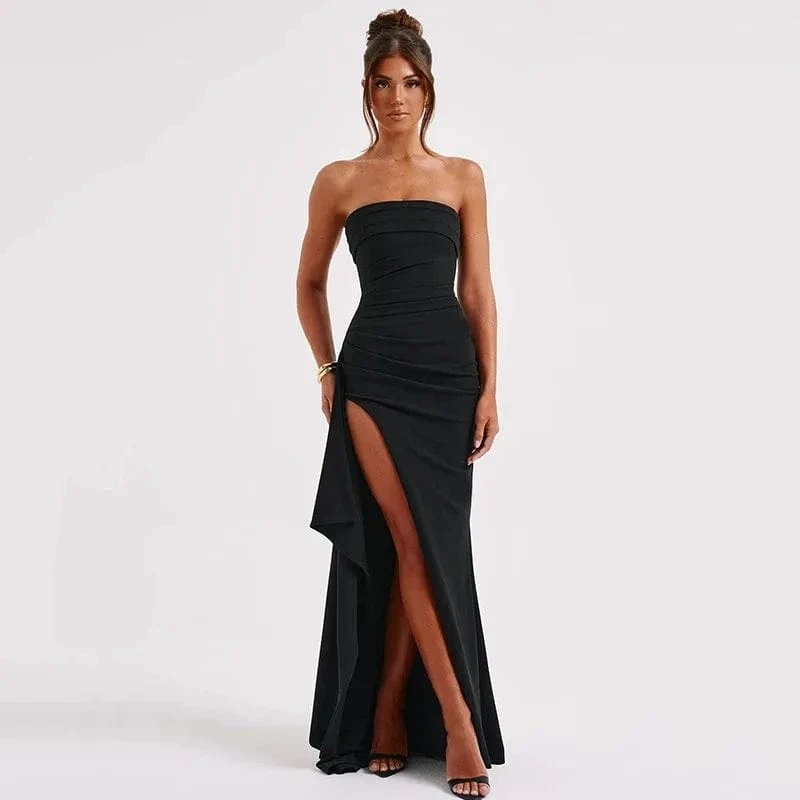 Schwarzes schulterfreies, trägerloses, rückenfreies Maxikleid mit hohem Schlitz für Frauen, ärmellos, figurbetont, Clubparty, Abendkleid, langes Kleid