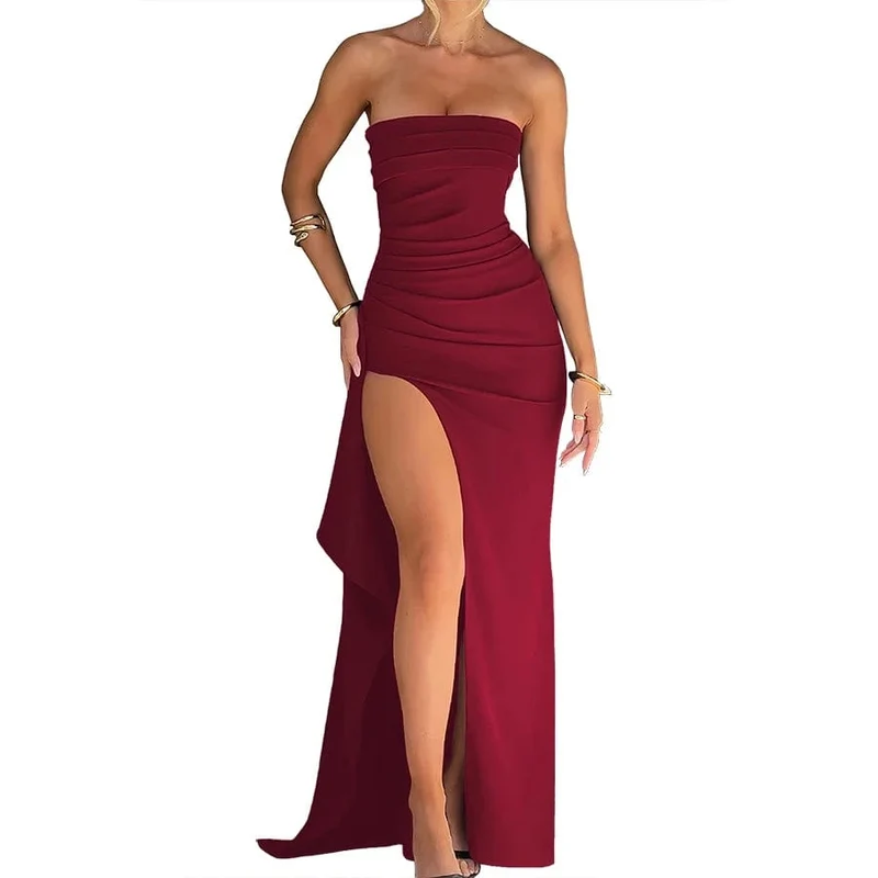Sommer Sexy Tube Top Hochgeschlitztes Rückenfreies Kleid Gerüschtes Off-Shoulder Ärmellos Schlank Elegant Edel High-End Club Party Langer Rock Abendkleid Brautkleid