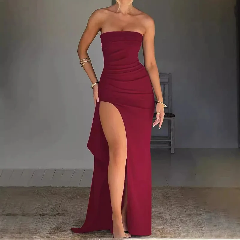 2025 Trägerloses, rückenfreies Maxikleid mit hohem Schlitz für Damen, schwarz, schulterfrei, ärmellos, figurbetont, Club-Party, langes Kleid, neue Kleidung