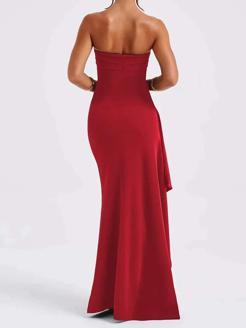 2025 Trägerloses, rückenfreies Maxikleid mit hohem Schlitz für Damen, schwarz, schulterfrei, ärmellos, figurbetont, Club-Party, langes Kleid, neue Kleidung