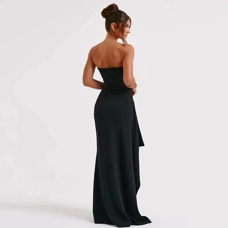 Schwarzes schulterfreies, trägerloses, rückenfreies Maxikleid mit hohem Schlitz für Frauen, ärmellos, figurbetont, Clubparty, Abendkleid, langes Kleid