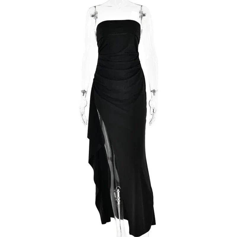 Schwarzes schulterfreies, trägerloses, rückenfreies Maxikleid mit hohem Schlitz für Frauen, ärmellos, figurbetont, Clubparty, Abendkleid, langes Kleid