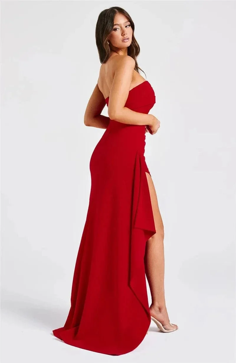 Mozision Trägerloses, rückenfreies Maxikleid mit hohem Schlitz für Damen, modisch, schulterfrei, ärmellos, figurbetont, Club-Party, langes Kleid, elegant