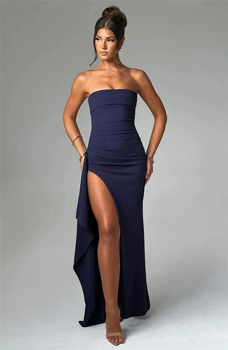 Mozision Trägerloses, rückenfreies Maxikleid mit hohem Schlitz für Damen, modisch, schulterfrei, ärmellos, figurbetont, Club-Party, langes Kleid, elegant