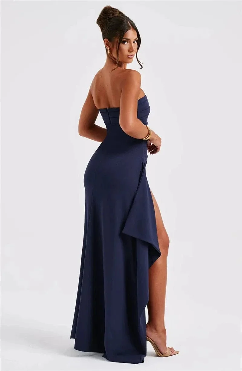 Mozision Trägerloses, rückenfreies Maxikleid mit hohem Schlitz für Damen, modisch, schulterfrei, ärmellos, figurbetont, Club-Party, langes Kleid, elegant