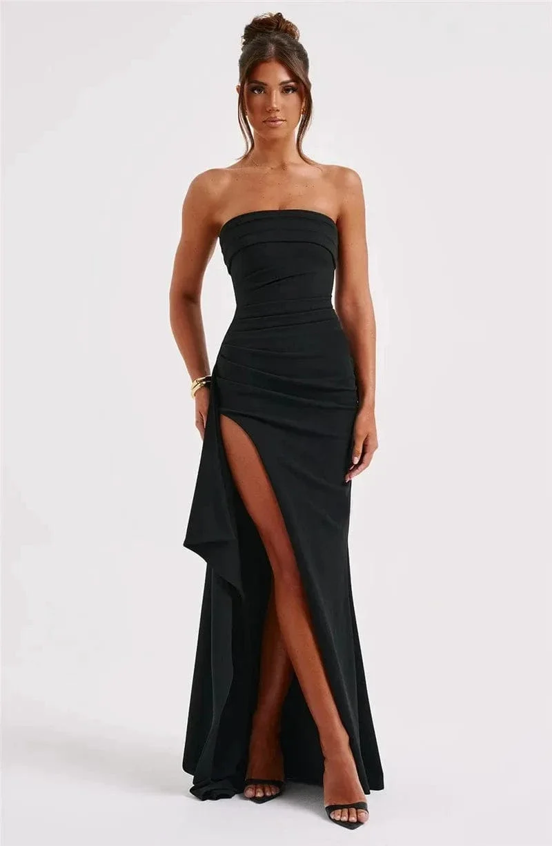 Mozision Trägerloses, rückenfreies Maxikleid mit hohem Schlitz für Damen, modisch, schulterfrei, ärmellos, figurbetont, Club-Party, langes Kleid, elegant