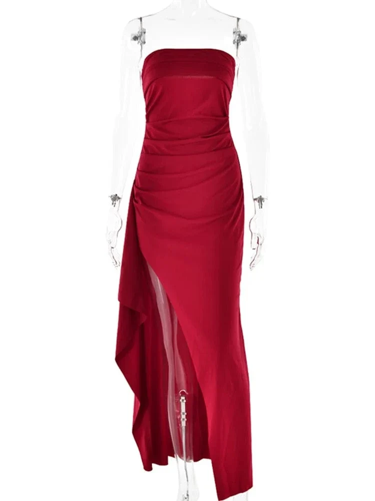 Mozision Trägerloses, rückenfreies Maxikleid mit hohem Schlitz für Damen, modisch, schulterfrei, ärmellos, figurbetont, Club-Party, langes Kleid, elegant