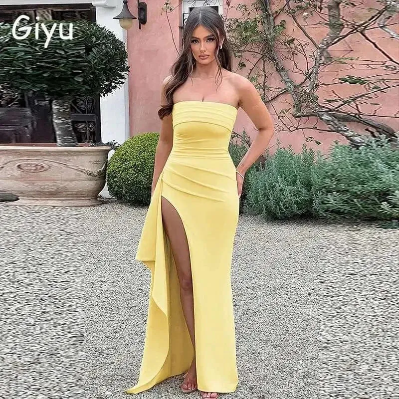 Giyu Sexy Club Abend Party Kleider Frauen 2025 Sommer Slash Neck Backless Rüschen Split Maxi Langes Kleid Elegante Bodycon Robe