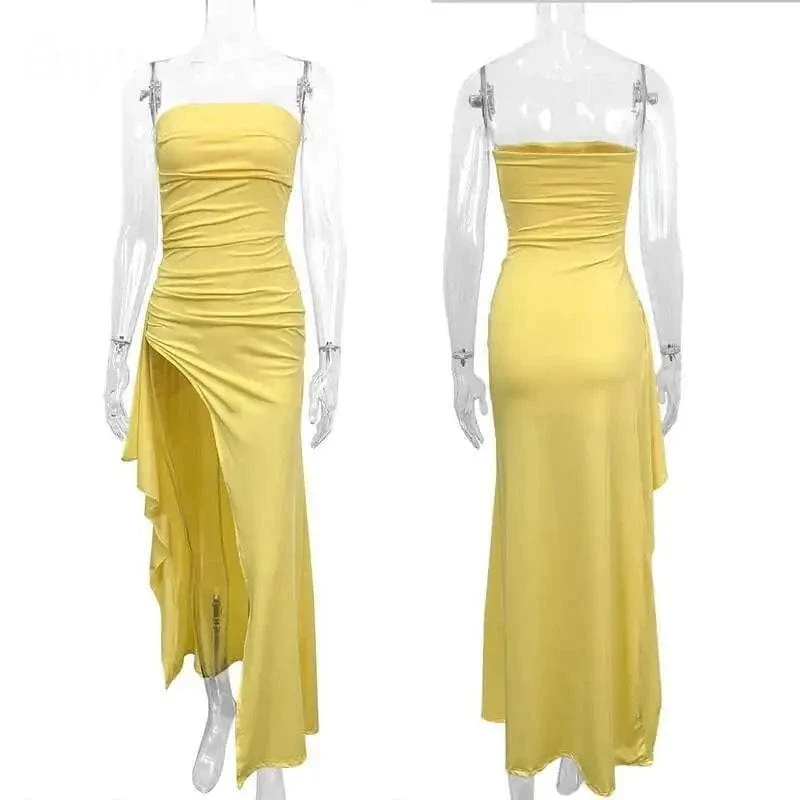 Giyu Sexy Club Abend Party Kleider Frauen 2025 Sommer Slash Neck Backless Rüschen Split Maxi Langes Kleid Elegante Bodycon Robe