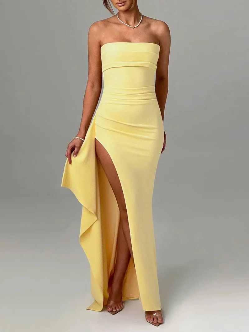 Giyu Sexy Club Abend Party Kleider Frauen 2025 Sommer Slash Neck Backless Rüschen Split Maxi Langes Kleid Elegante Bodycon Robe
