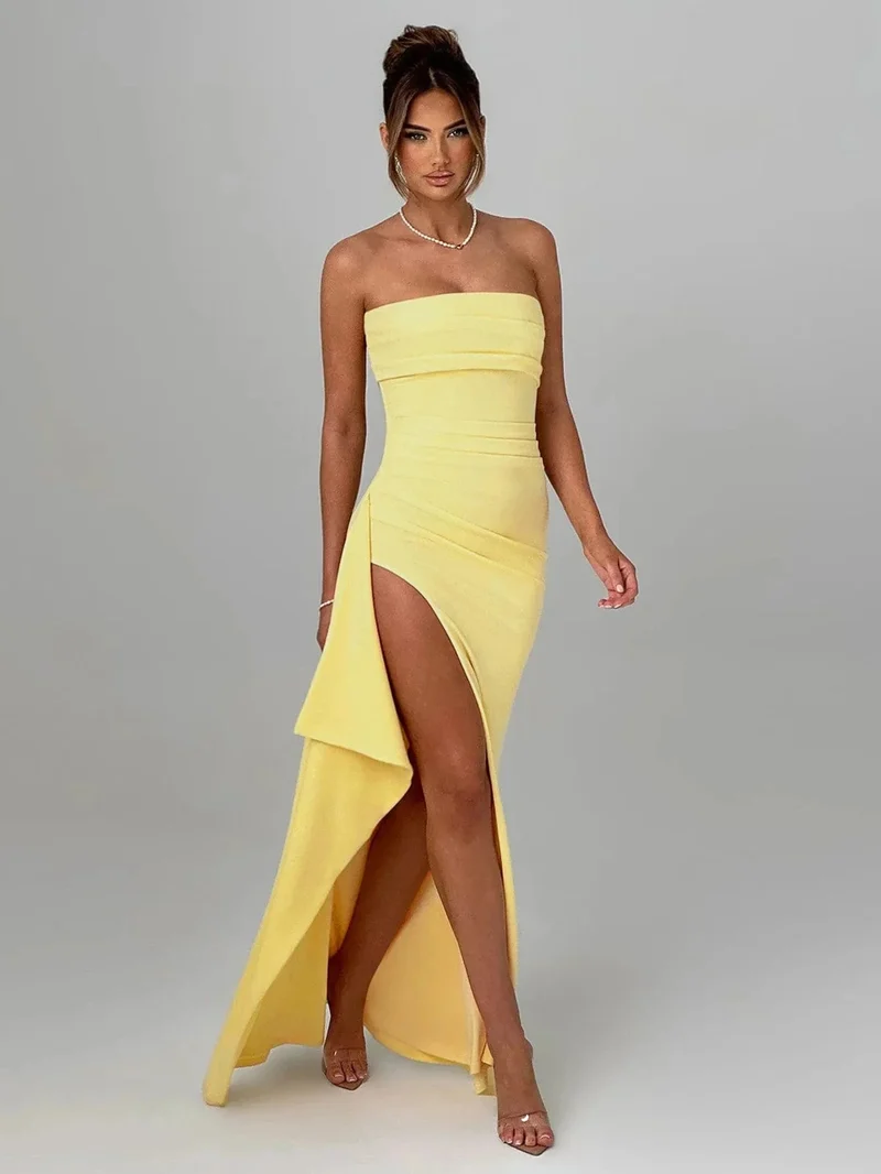 Giyu Sexy Club Abend Party Kleider Frauen 2025 Sommer Slash Neck Backless Rüschen Split Maxi Langes Kleid Elegante Bodycon Robe