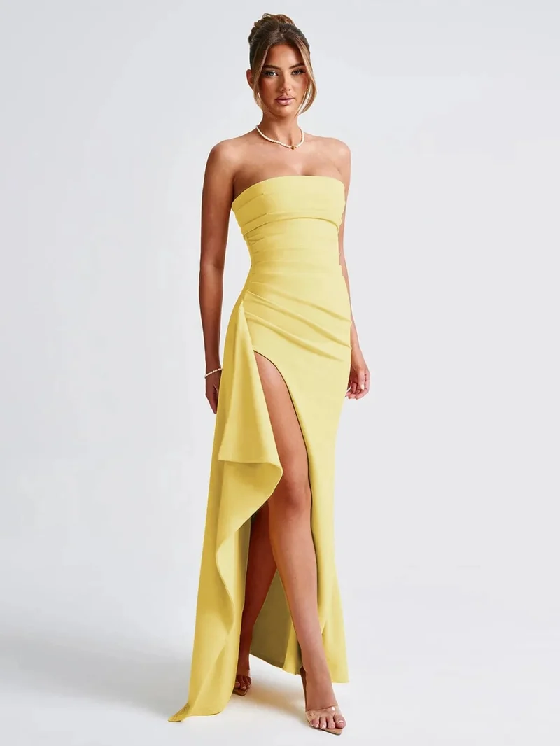 Giyu Sexy Club Abend Party Kleider Frauen 2025 Sommer Slash Neck Backless Rüschen Split Maxi Langes Kleid Elegante Bodycon Robe