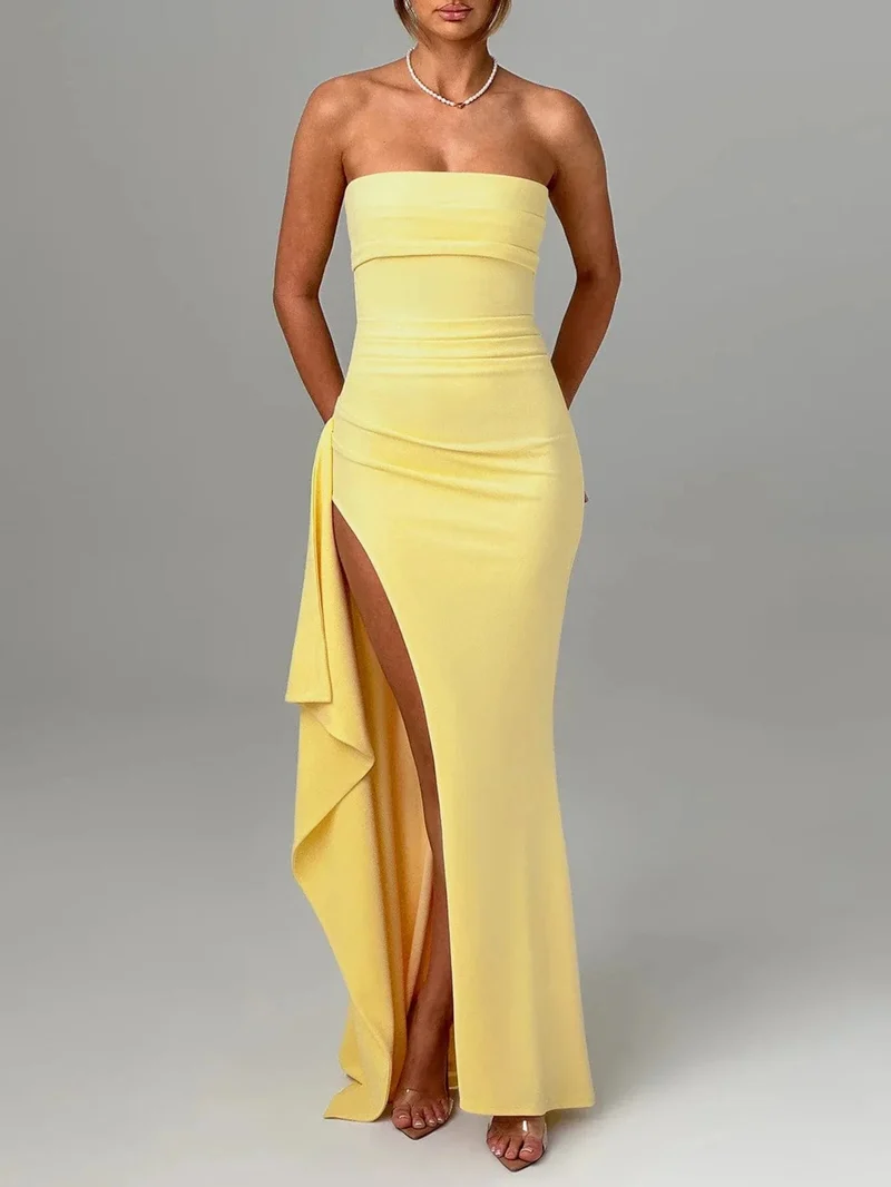 Giyu Sexy Club Abend Party Kleider Frauen 2025 Sommer Slash Neck Backless Rüschen Split Maxi Langes Kleid Elegante Bodycon Robe