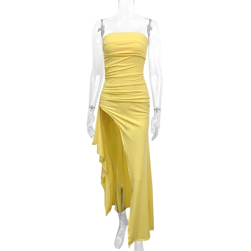 Giyu Sexy Club Abend Party Kleider Frauen 2025 Sommer Slash Neck Backless Rüschen Split Maxi Langes Kleid Elegante Bodycon Robe