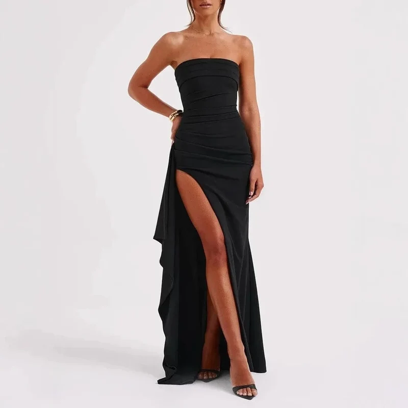 Giyu Sexy Club Abend Party Kleider Frauen 2025 Sommer Slash Neck Backless Rüschen Split Maxi Langes Kleid Elegante Bodycon Robe