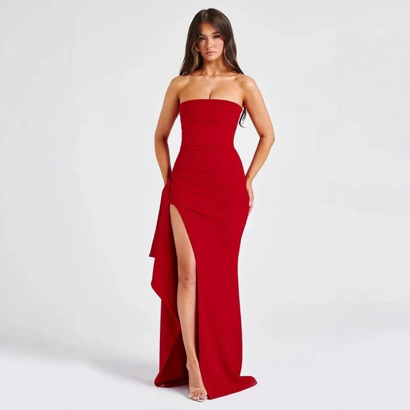 Giyu Sexy Club Abend Party Kleider Frauen 2025 Sommer Slash Neck Backless Rüschen Split Maxi Langes Kleid Elegante Bodycon Robe