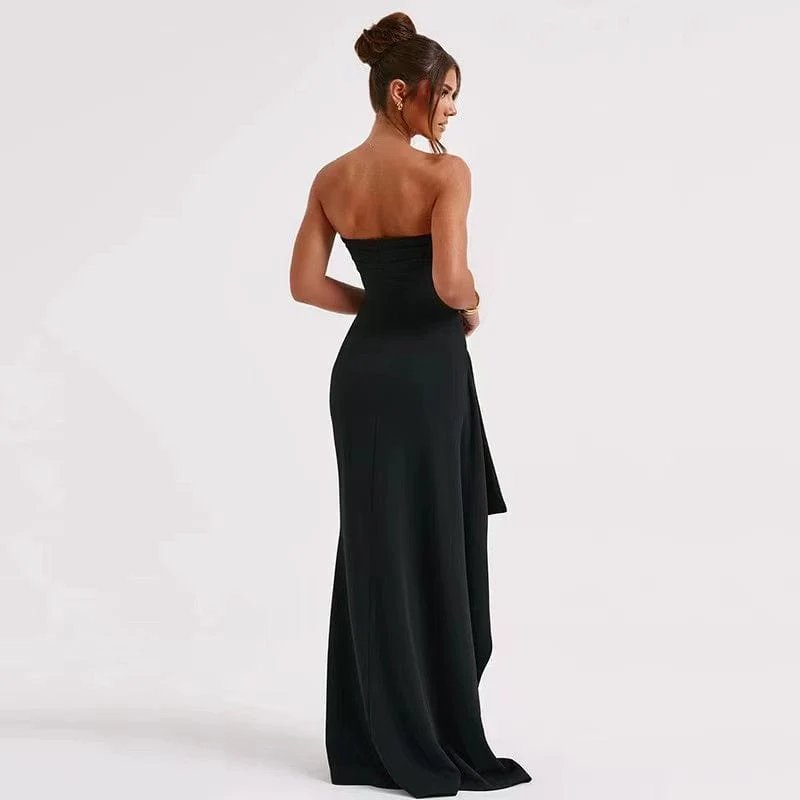Schwarzes schulterfreies, trägerloses, rückenfreies Maxikleid mit hohem Schlitz für Frauen, ärmellos, figurbetont, Clubparty, Abendkleid, langes Kleid
