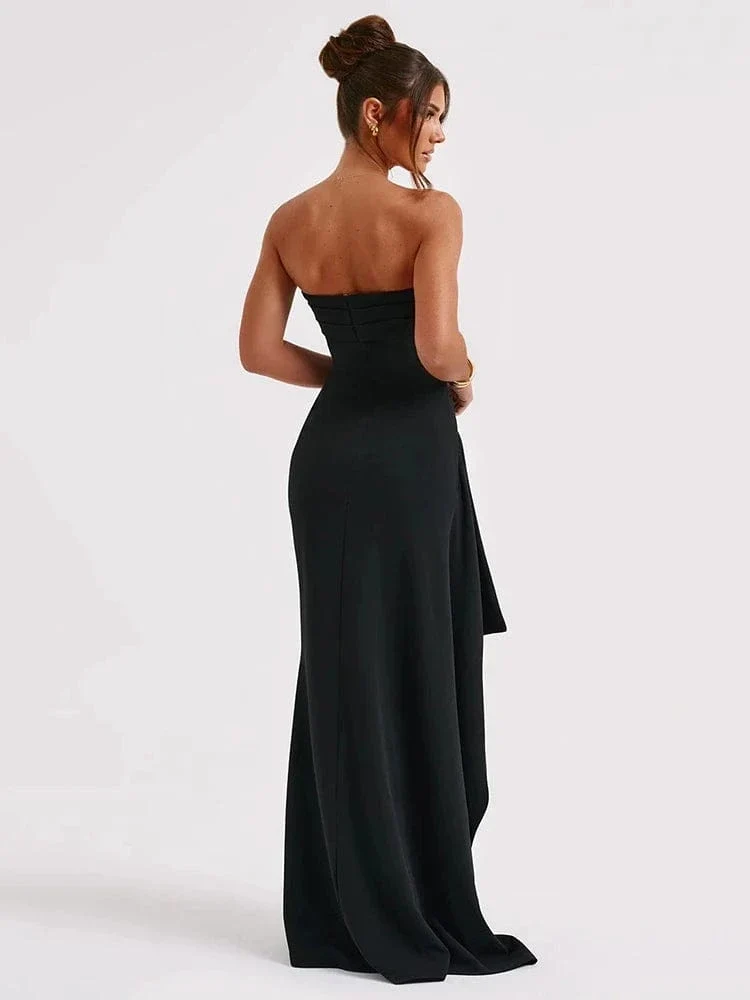 Mozision Trägerloses, rückenfreies Maxikleid mit hohem Schlitz für Damen, schwarz, schulterfrei, ärmellos, figurbetont, für Clubpartys, langes Kleid