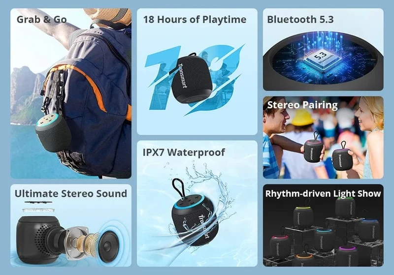 Tronsmart T7 Mini-Bluetooth-Lautsprecher, tragbarer Lautsprecher mit ausgewogenem Bass, IPX7 wasserdicht, LED-Modi für Camping im Freien