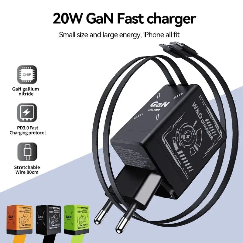 W&O GaN Schnellladekabel 20 W Typ C und Lightning Flüssigsilikonkabel für iPhone 14 15 Pro Max Xiaomi Realme Redmi