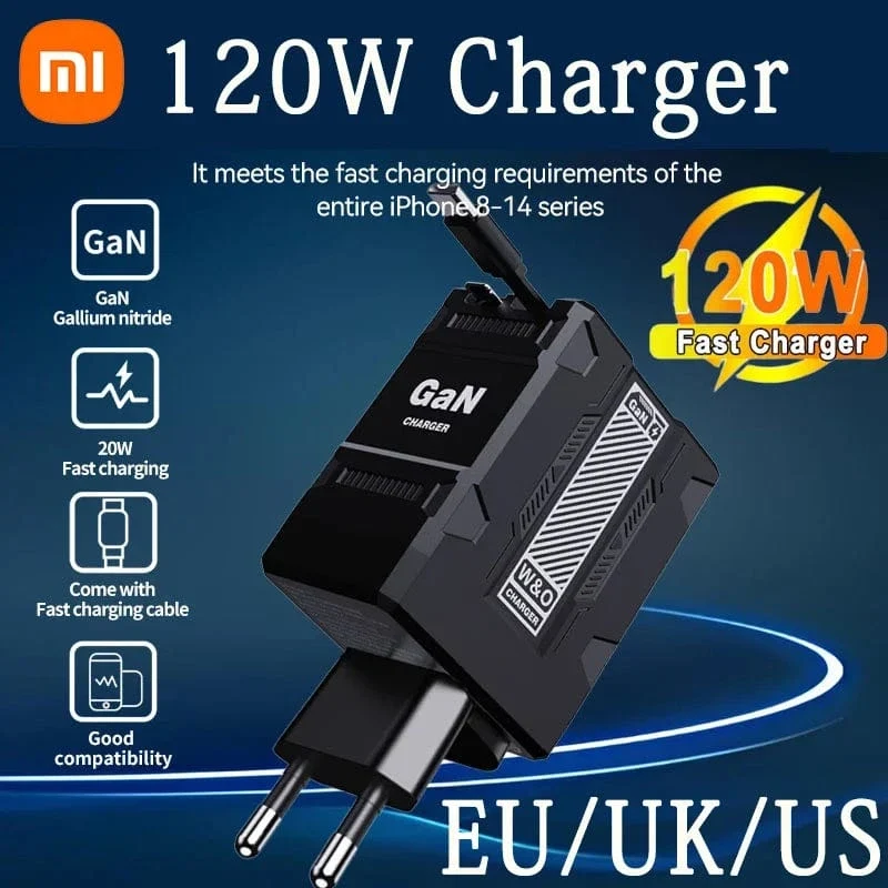 Xiaomi 120W GaN Schnellladegerät Kompatibel mit einziehbarem Typ-C und Lightning-Kabel Tragbarer Adapter für iPhone 16 iPad Macbook