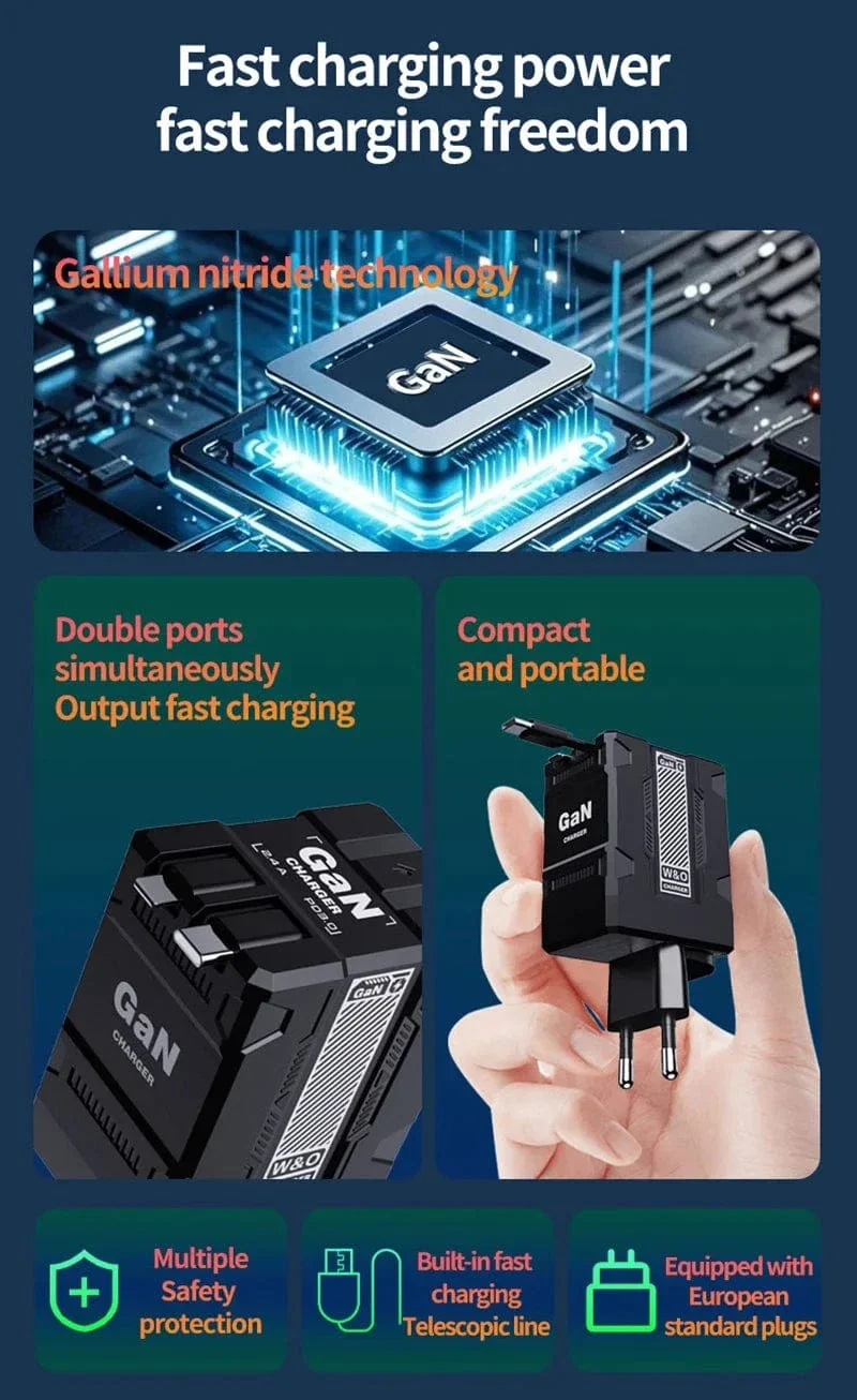 Xiaomi 120W GaN Schnellladegerät Kompatibel mit einziehbarem Typ-C und Lightning-Kabel Tragbarer Adapter für iPhone 16 iPad Macbook