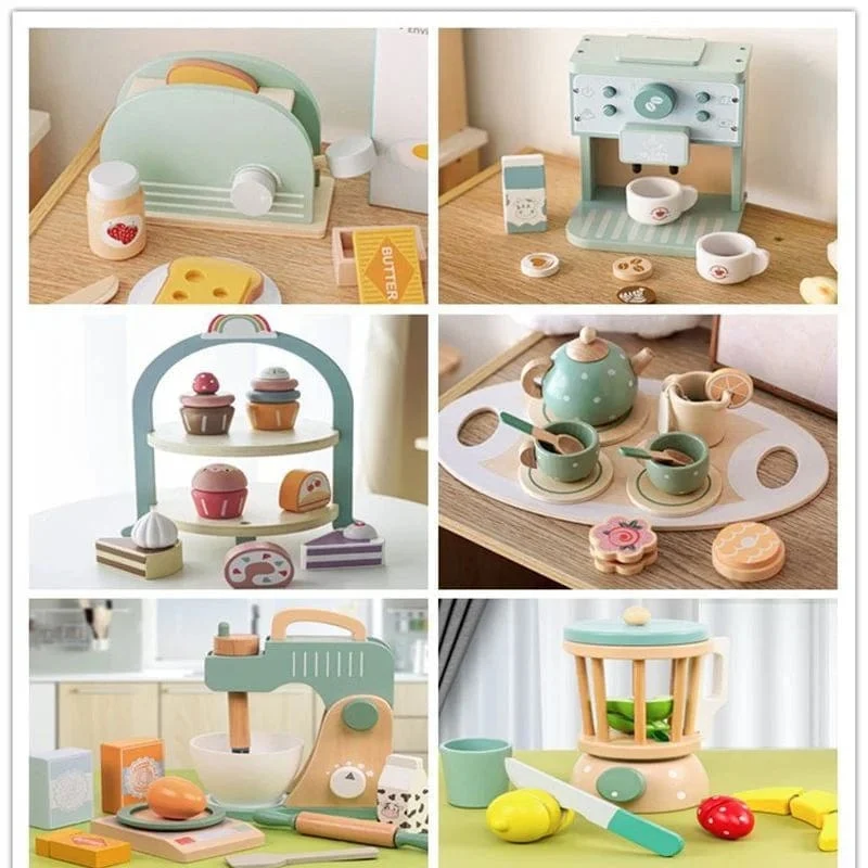 Holzspielzeug für Kinder, Kaffeemaschine, Spielzeug-Set, Kuchen, Eis, Teezeit, Spielset für Kleinkinder, Rollenspiel, Küchenzubehör, Geschenk für Kinder