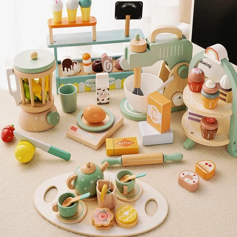 Holzspielzeug für Kinder, Kaffeemaschine, Spielzeug-Set, Kuchen, Eis, Teezeit, Spielset für Kleinkinder, Rollenspiel, Küchenzubehör, Geschenk für Kinder