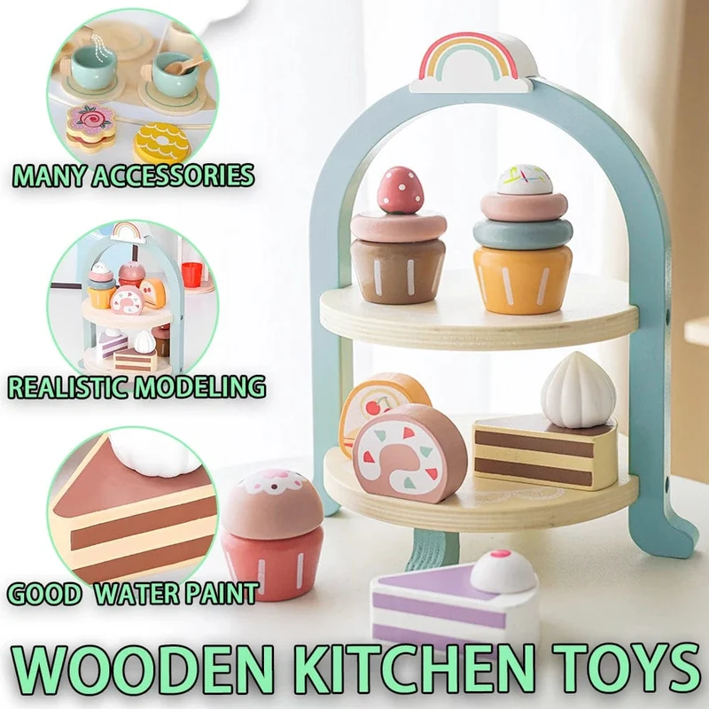 Holzspielzeug für Kinder, Kaffeemaschine, Spielzeug-Set, Kuchen, Eis, Teezeit, Spielset für Kleinkinder, Rollenspiel, Küchenzubehör, Geschenk für Kinder