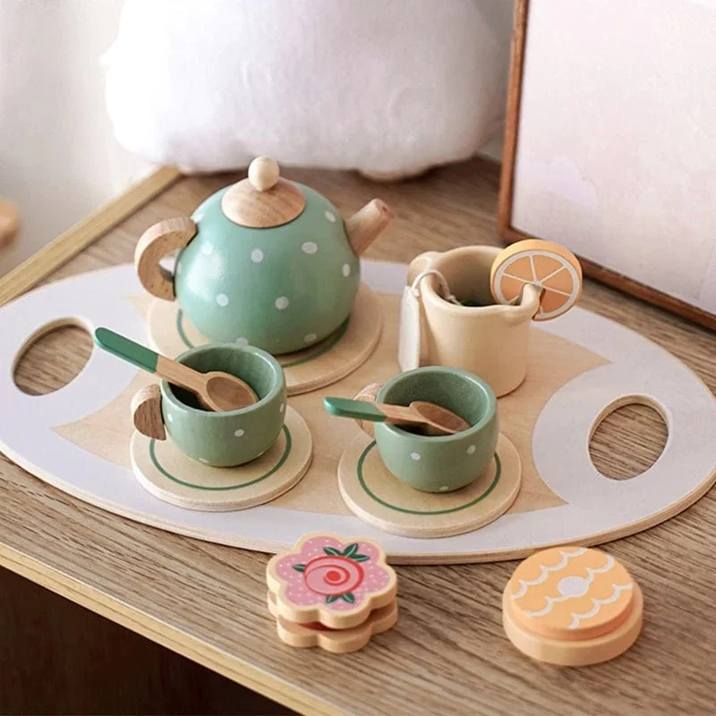 Holzspielzeug für Kinder, Kaffeemaschine, Spielzeug-Set, Kuchen, Eis, Teezeit, Spielset für Kleinkinder, Rollenspiel, Küchenzubehör, Geschenk für Kinder