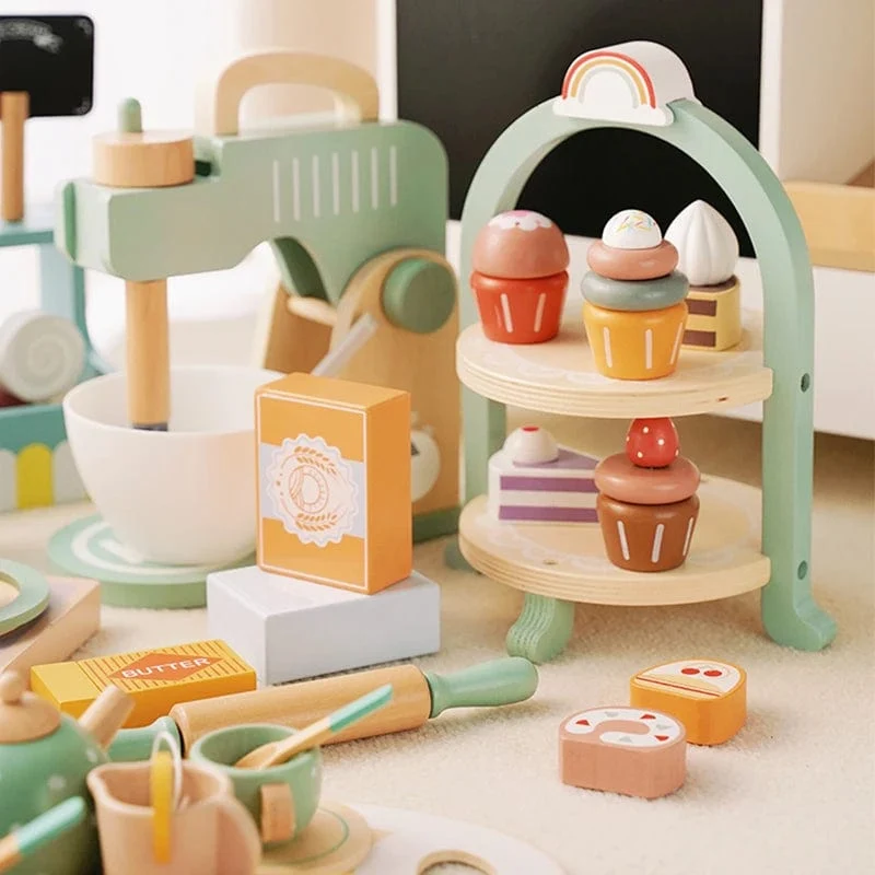 Holzspielzeug für Kinder, Kaffeemaschine, Spielzeug-Set, Kuchen, Eis, Teezeit, Spielset für Kleinkinder, Rollenspiel, Küchenzubehör, Geschenk für Kinder