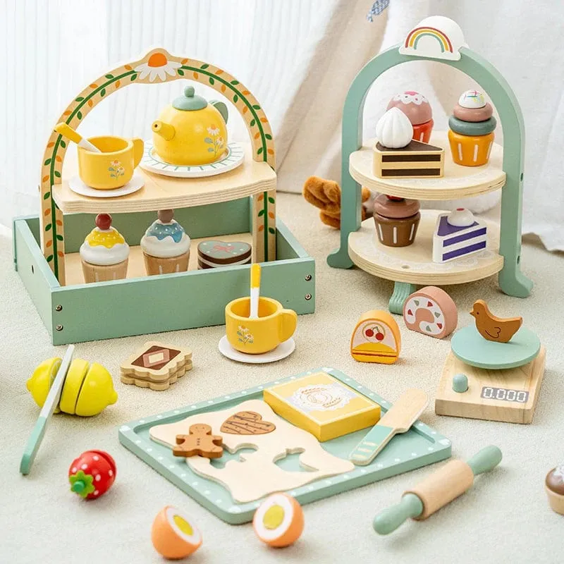 Holzspielzeug für Kinder, Kaffeemaschine, Spielzeug-Set, Kuchen, Eis, Teezeit, Spielset für Kleinkinder, Rollenspiel, Küchenzubehör, Geschenk für Kinder
