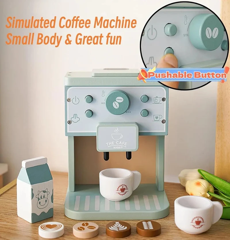Holzspielzeug für Kinder, Kaffeemaschine, Spielzeug-Set, Kuchen, Eis, Teezeit, Spielset für Kleinkinder, Rollenspiel, Küchenzubehör, Geschenk für Kinder