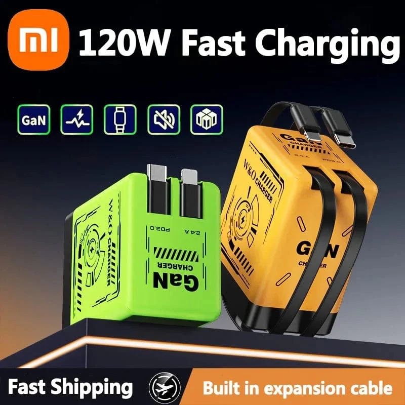 Xiaomi GaN120W Ultraschnellladegerät mit einziehbarem Typ-C-Blitzkabel-Schnellladeadapter für iPhone16 iPad Samsung Huawei
