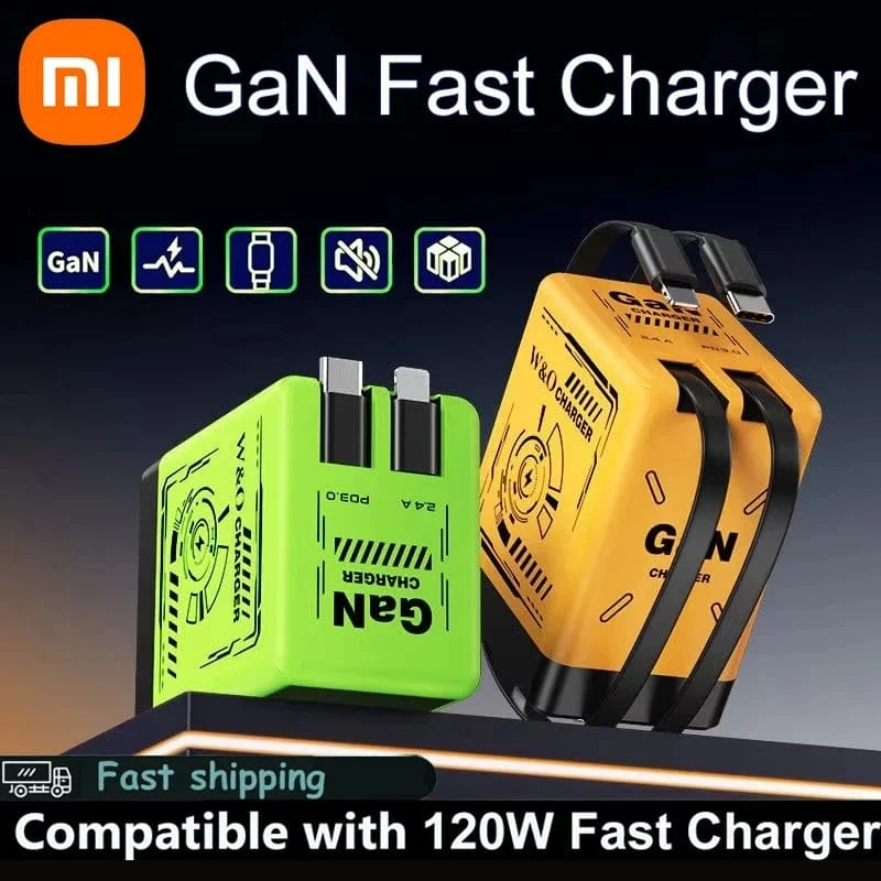XIAOMI GaN-Ladegerät, kompatibel mit 120 W Schnellladegerät, einziehbares Typ-C-Beleuchtungskabel, tragbarer Adapter für iPhone, iPad, Samsung