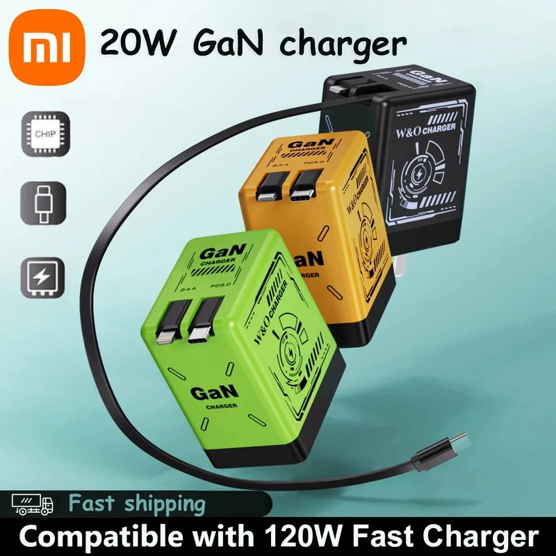 XIAOMI GaN-Ladegerät, kompatibel mit 120 W Schnellladegerät, einziehbares Typ-C-Beleuchtungskabel, tragbarer Adapter für iPhone, iPad, Samsung