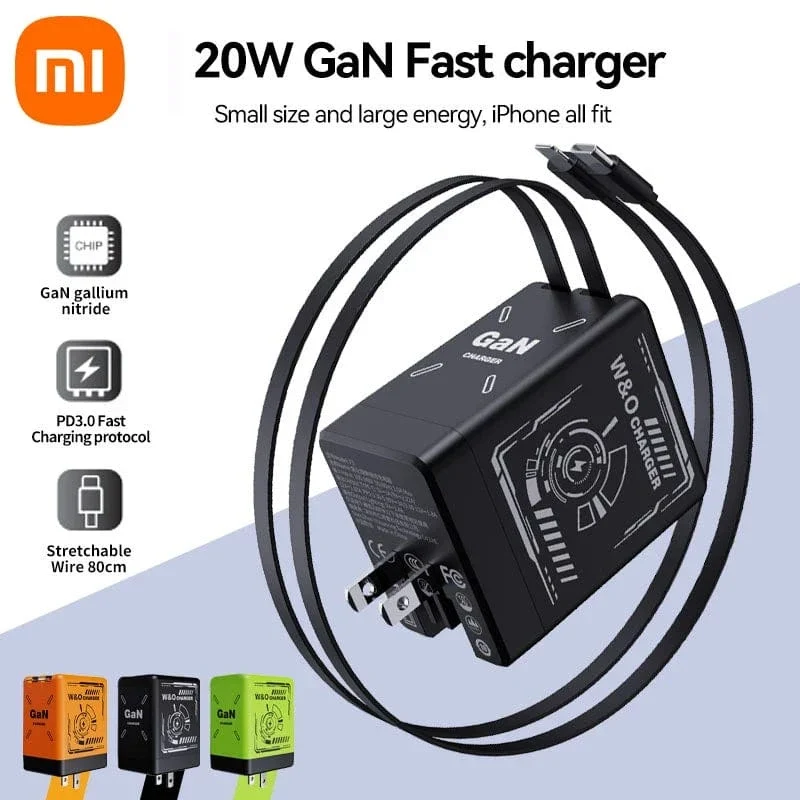 XIAOMI GaN-Ladegerät, kompatibel mit 120 W Schnellladegerät, einziehbares Typ-C-Beleuchtungskabel, tragbarer Adapter für iPhone, iPad, Samsung