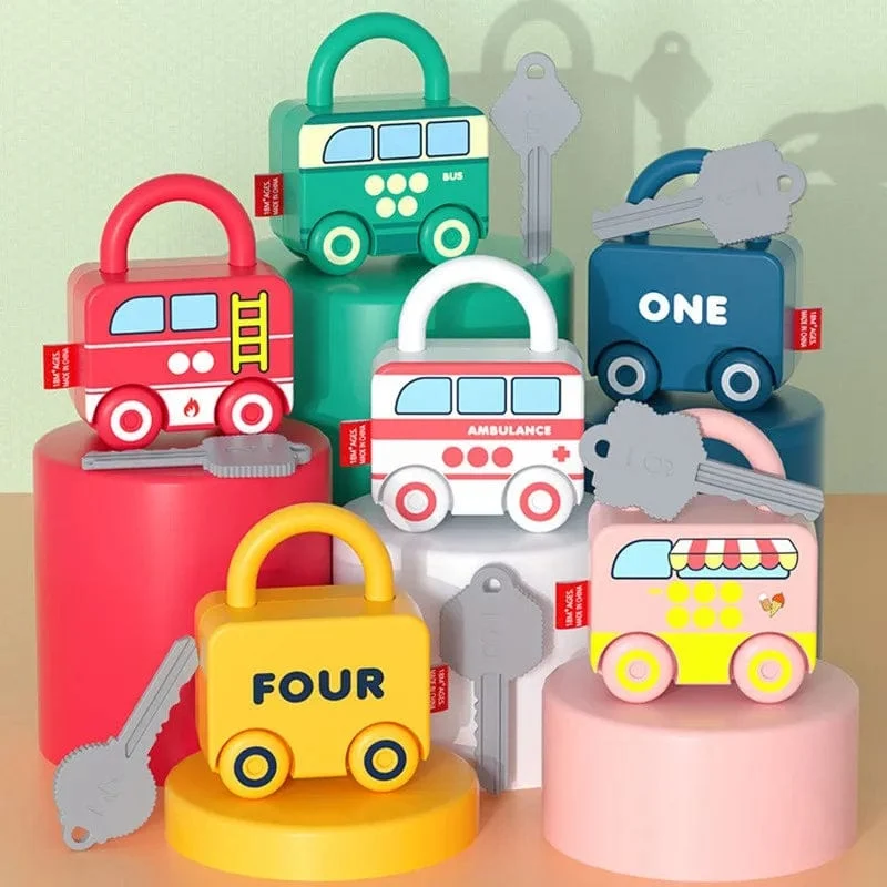 Lernspielzeug für Kinder, Lernschloss mit Schlüssel, Autonummern-Zuordnung und Zählen, Montessori-Mathematik-Unterricht, Schlösserknacken-Spielzeug
