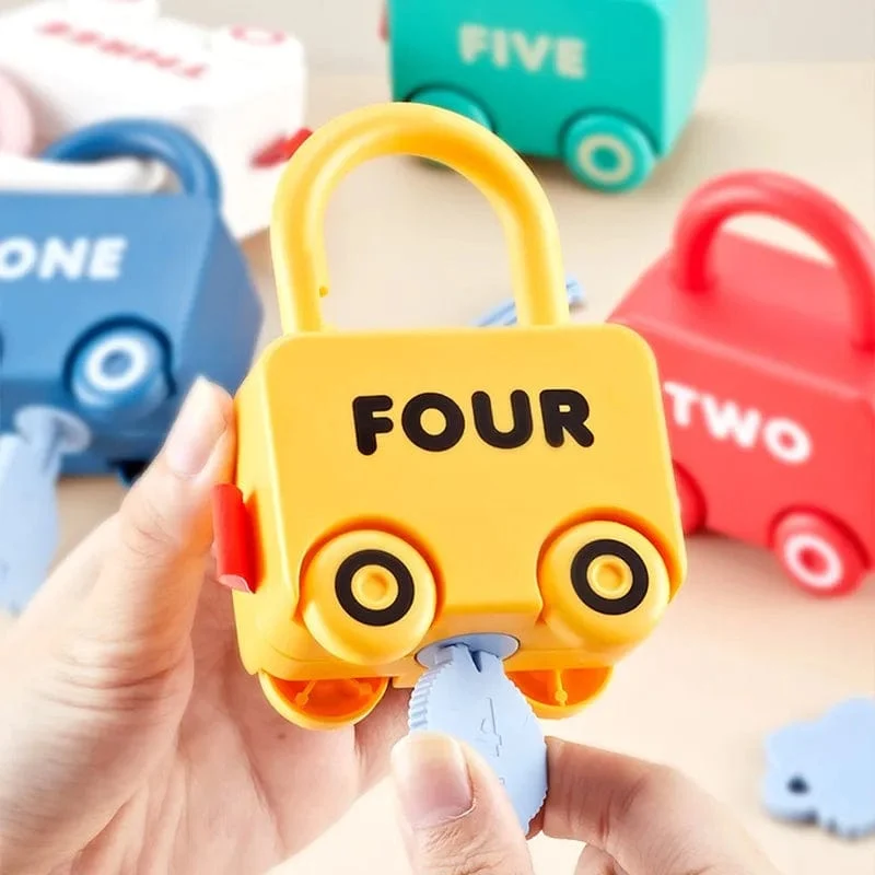 Lernspielzeug für Kinder, Lernschloss mit Schlüssel, Autonummern-Zuordnung und Zählen, Montessori-Mathematik-Unterricht, Schlösserknacken-Spielzeug