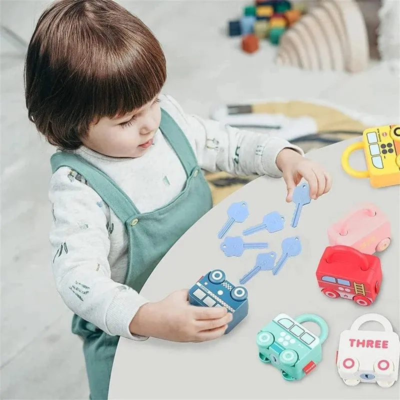 Lernspielzeug für Kinder, Lernschloss mit Schlüssel, Autonummern-Zuordnung und Zählen, Montessori-Mathematik-Unterricht, Schlösserknacken-Spielzeug