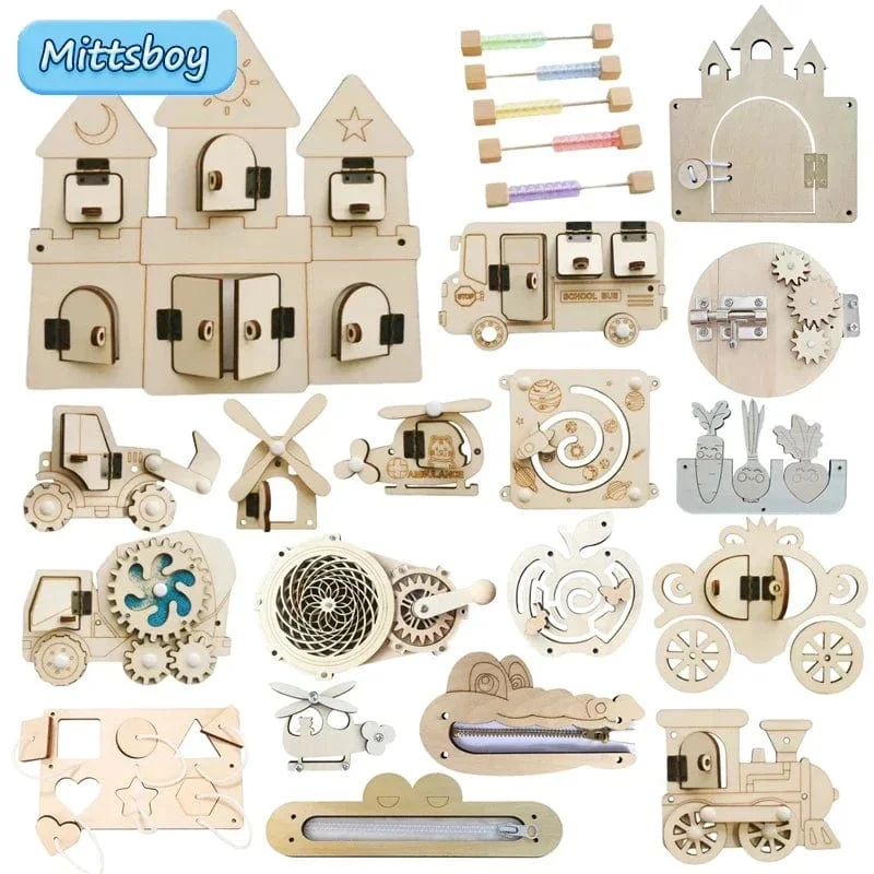 Montessori Beschäftigt Bord DIY Holz Zubehör Frühen Ball Berechnung Bulldozer Burg Hubschrauber Pädagogisches Spielzeug Für Kinder Geschenke
