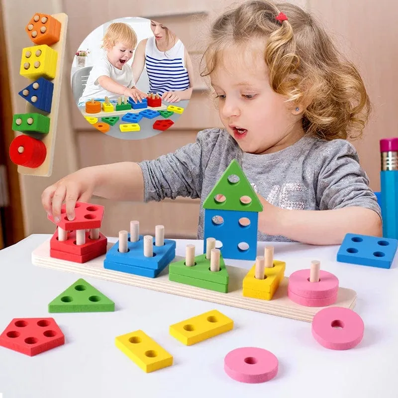 Montessori Holz Geometrische Form Fünf Sätze von Spalten Blöcke Zusammenbauen Kinder Aufklärung Frühe Bildung Puzzle Spielzeug