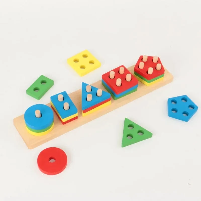 Montessori Holz Geometrische Form Fünf Sätze von Spalten Blöcke Zusammenbauen Kinder Aufklärung Frühe Bildung Puzzle Spielzeug