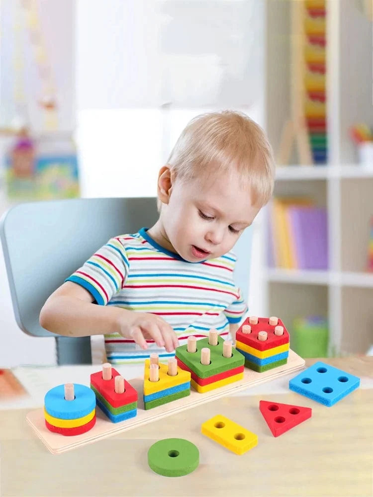 Montessori Holz Geometrische Form Fünf Sätze von Spalten Blöcke Zusammenbauen Kinder Aufklärung Frühe Bildung Puzzle Spielzeug