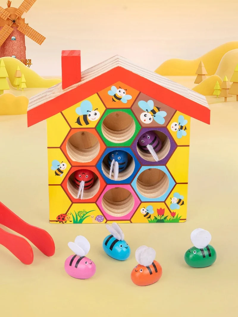 Bienenhaus aus Holz, Klemmbienen-zu-Bienenstock-Matching-Spiel, Montessori-Farbsortierpuzzle, Feinmotorik-Spielzeug, Frühpädagogisches Geschenk