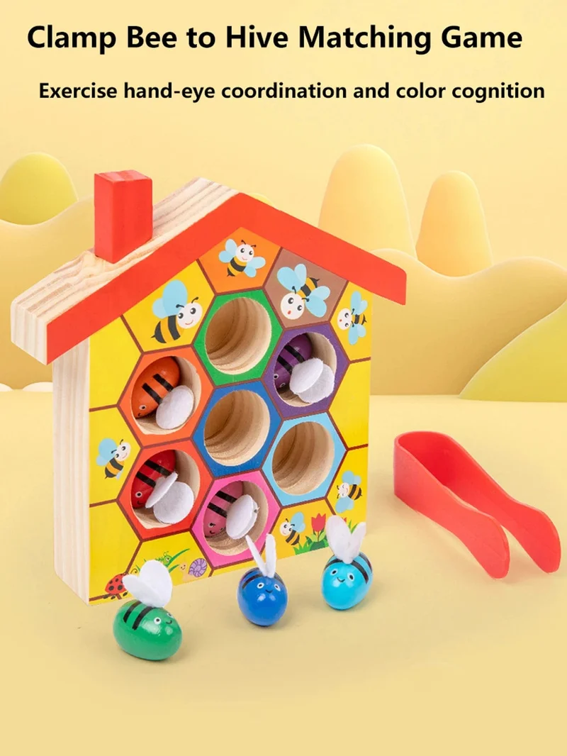 Bienenhaus aus Holz, Klemmbienen-zu-Bienenstock-Matching-Spiel, Montessori-Farbsortierpuzzle, Feinmotorik-Spielzeug, Frühpädagogisches Geschenk
