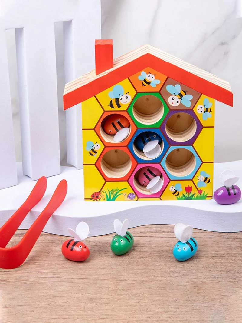 Bienenhaus aus Holz, Klemmbienen-zu-Bienenstock-Matching-Spiel, Montessori-Farbsortierpuzzle, Feinmotorik-Spielzeug, Frühpädagogisches Geschenk