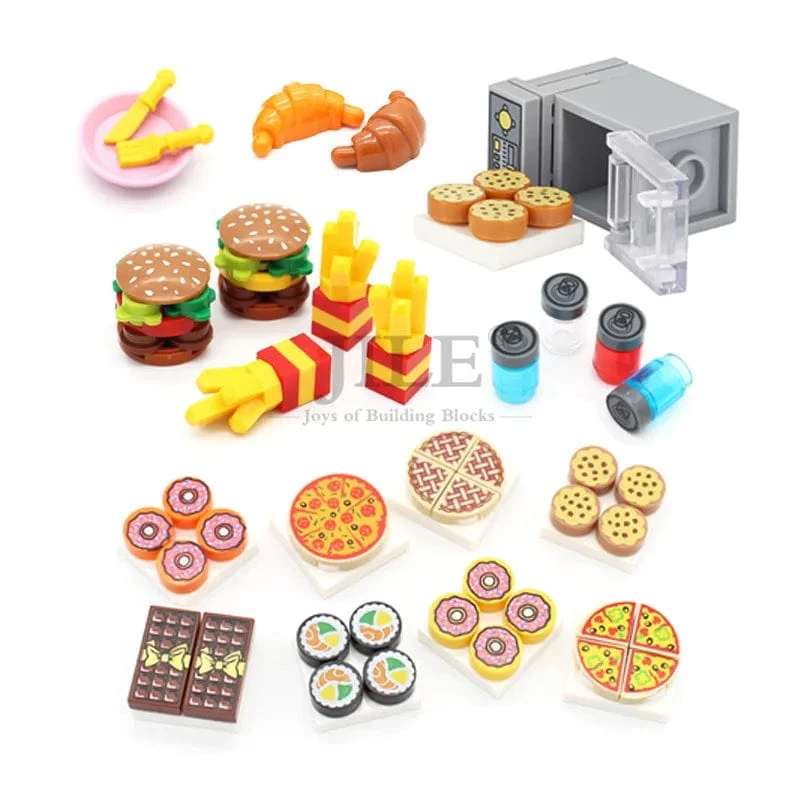 Stadt Mini Lebensmittel Bausteine ​​Hamburger Pizza Pommes Kuchen Dessert Schokolade Cookies MOC Ziegel Kunststoff Montieren Teil Figuren Spielzeug