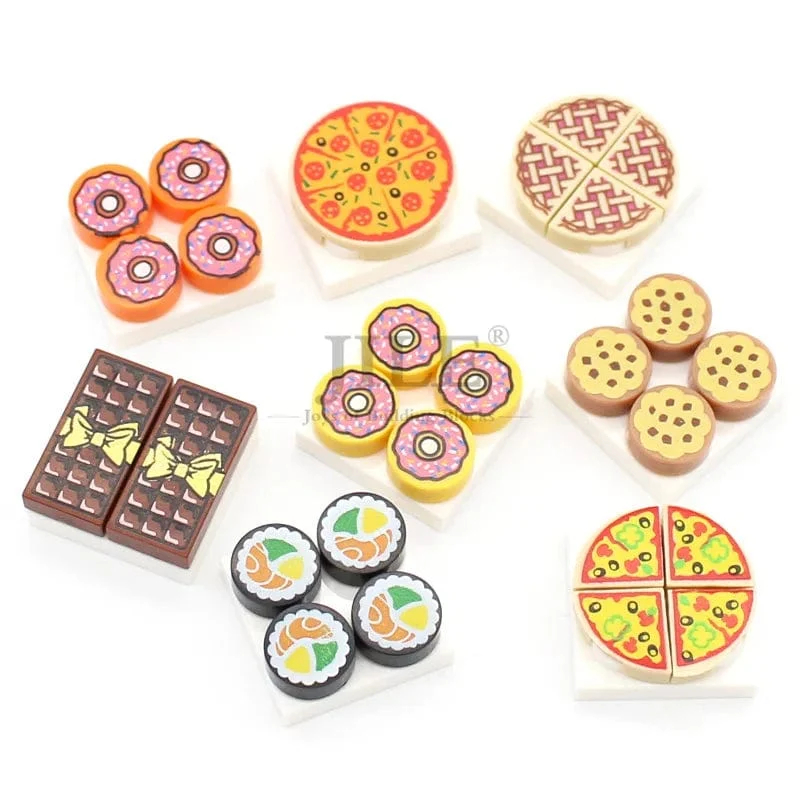 Stadt Mini Lebensmittel Bausteine ​​Hamburger Pizza Pommes Kuchen Dessert Schokolade Cookies MOC Ziegel Kunststoff Montieren Teil Figuren Spielzeug